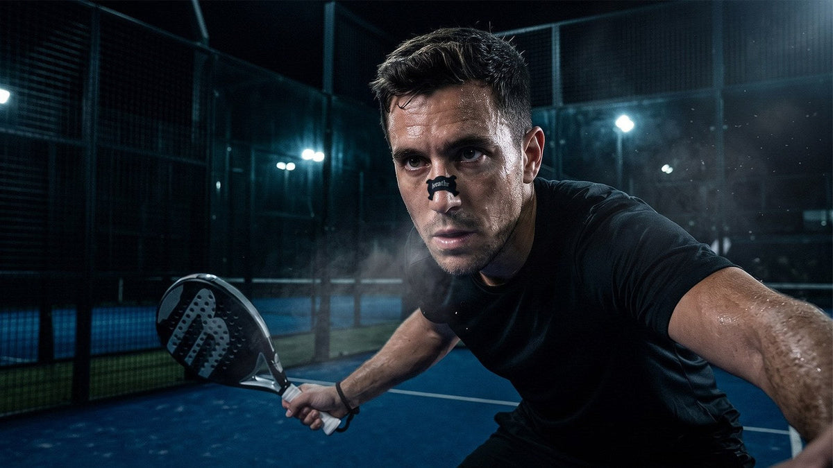 Padelspeler met een zwarte Breathr sportneusstrip op zijn neus