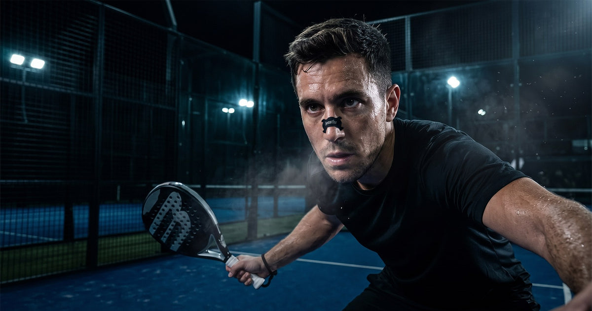 Padelspeler met een zwarte Breathr Sport-neusstrip op zijn neus